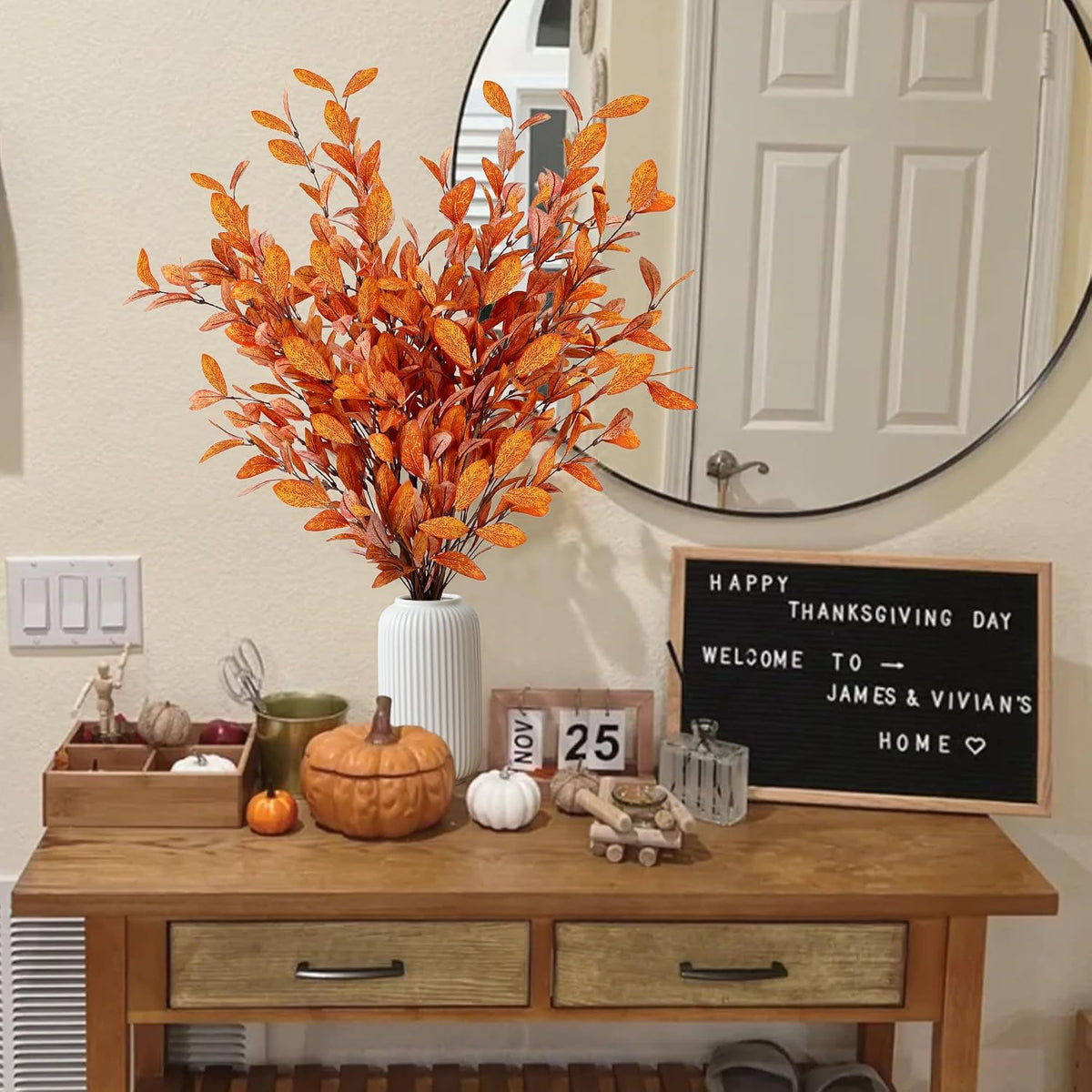 Sggvecsy 6 Pcs Artificial Fall Eucalyptus Stems Fall Eucalyptus Leaves Silk Autumn Leaf Branches Fall Decorations for Home Vase Thanksgiving Table Centerpieces Harvest Festival Decor (Orange)