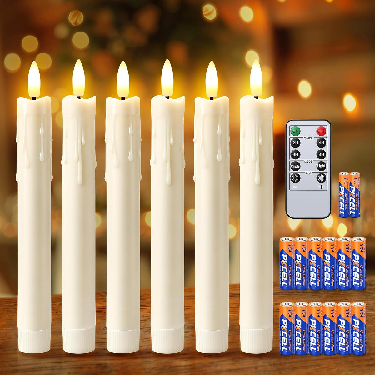 Enhon 6 Pack Flameless Taper Candles with Remote & Batteries, 7.7" Ivory LED Candle Sticks, 3D Wick & Wax Drip Design, 624+ Hour Battery Operated Candles for Home, Wedding & Christmas Decor