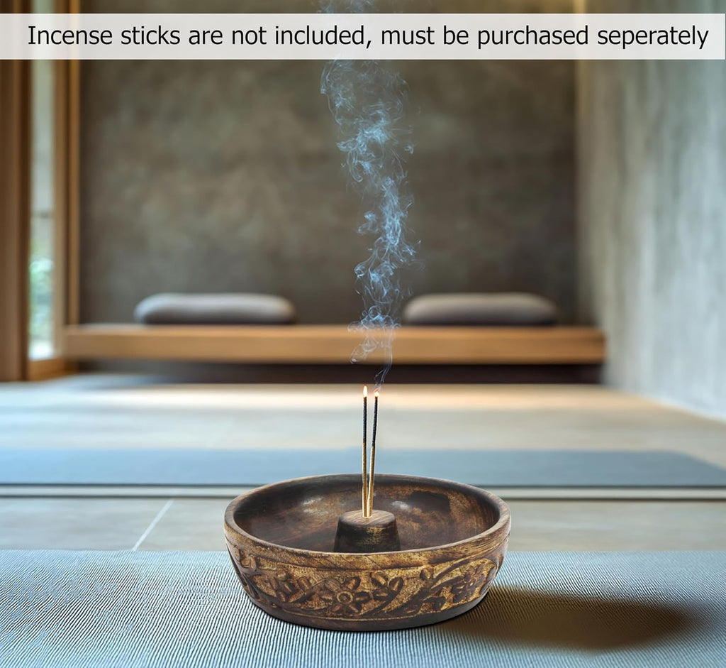 COTTON CRAFT Hand Carved Wood Incense Burner Holder - 2 Pack - Natural
