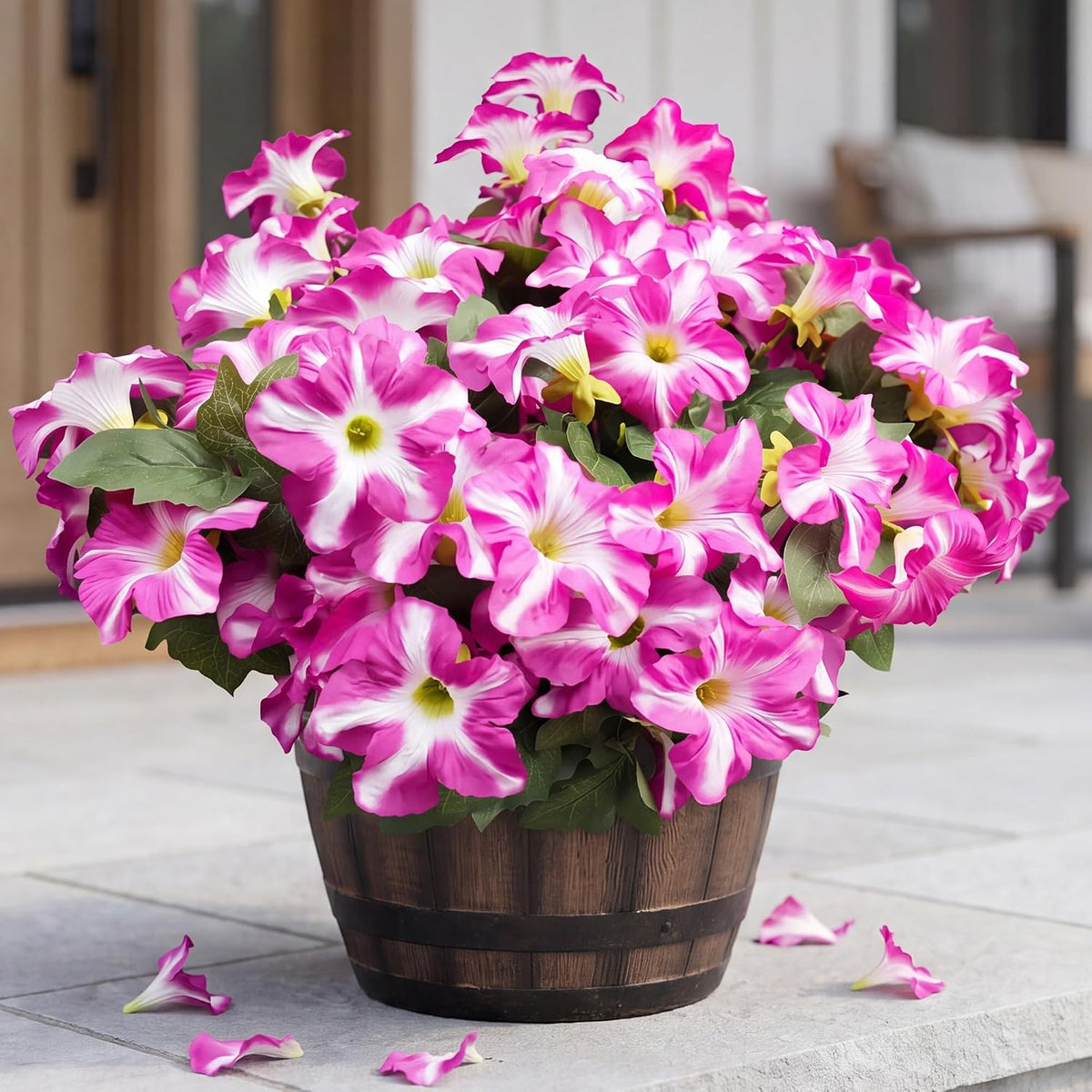 Artificial Fake Flowers Plants for Outdoor Decoration, 4PCS Faux Petunias Silk Flower UV Resistant No Fade for Home Outside Garden Balcony Yard Porch Realistic Indoor Decor (PurplePink)