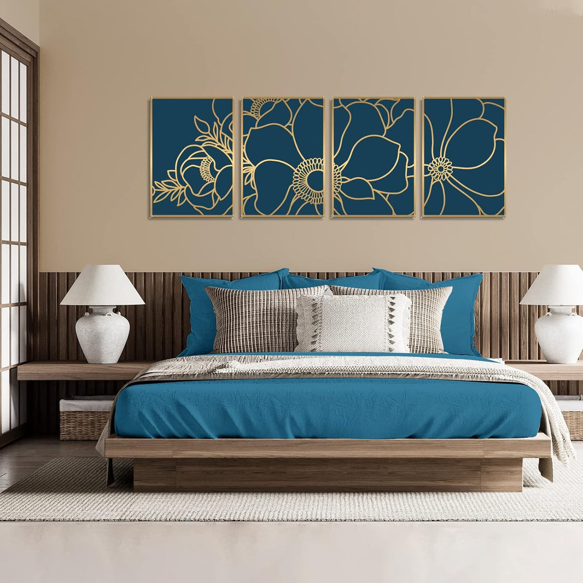Glamativity Large 4 Pack Gold Wall Art, Minimalist Decor, Real Metal, Nature Floral Abstract, for Bedroom, Living Room, Bathroom (Gold Blossom Style, L Size 22.5 x 15.7'')