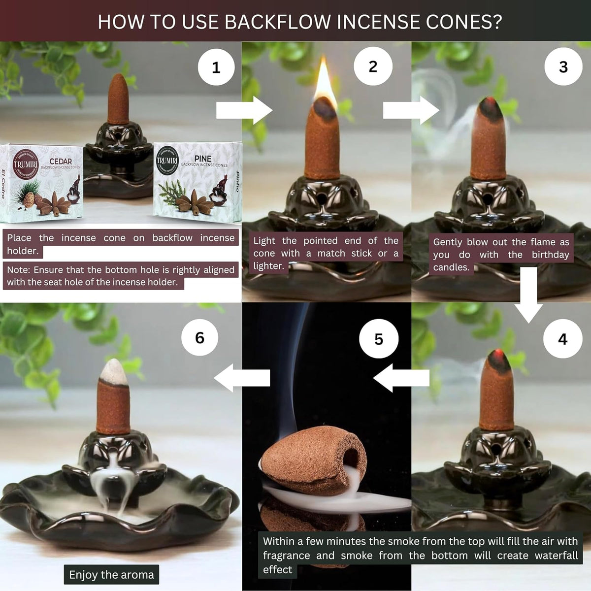 TRUMIRI Backflow Incense Cones - Combo Pack of 20 Incense Cones Waterfall - 10 Cedar + 10 Pine - Incense Backflow Cones - Waterfall Incense Cones - Incense Waterfall Cones
