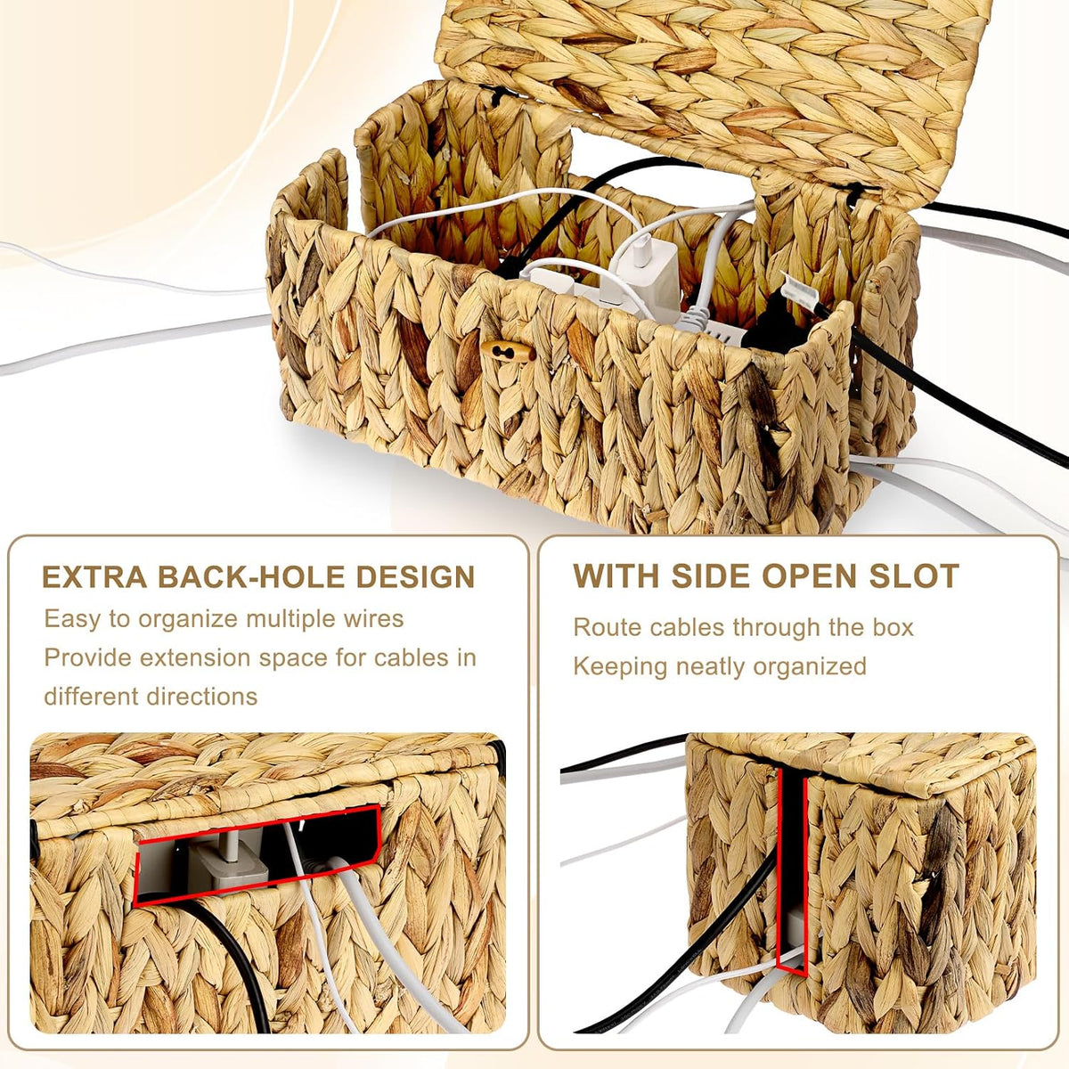 BTSKY Woven Cable Management Box with Lid Water Hyacinth Cord Organizer, L
