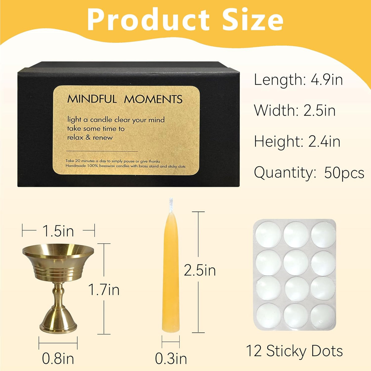 20 Min Beeswax Meditation Candles – 50 Pack, Includes Mini Candle Holder & 12 Wax Dots, Slow Burn, Natural Unscented, Yoga Prayer Mindfulness & Relaxation