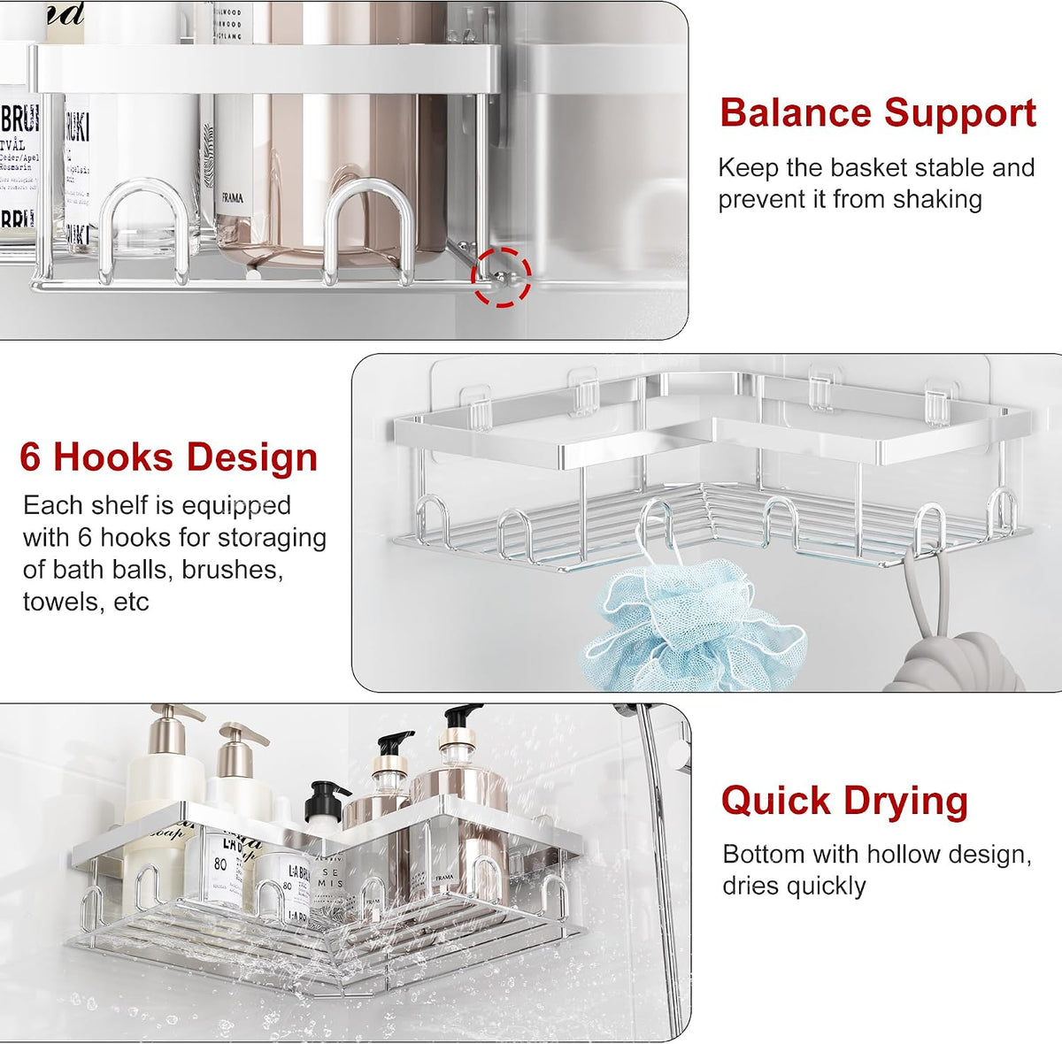 Liuoud Corner Shower Caddy 5 Pack Adhesive Stainless Steel Organizer Chrome