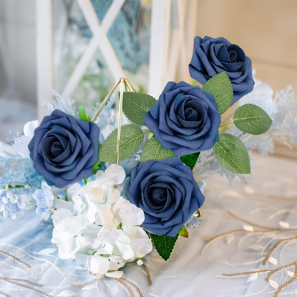Mocoosy 50Pcs Roses Artificial Flowers, Navy Blue Fake Roses for Decorations, Real Touch Foam Rose Bulk with Stems DIY Wedding Bouquet Bridal Shower Centerpieces Floral Arrangement Party Table Decor