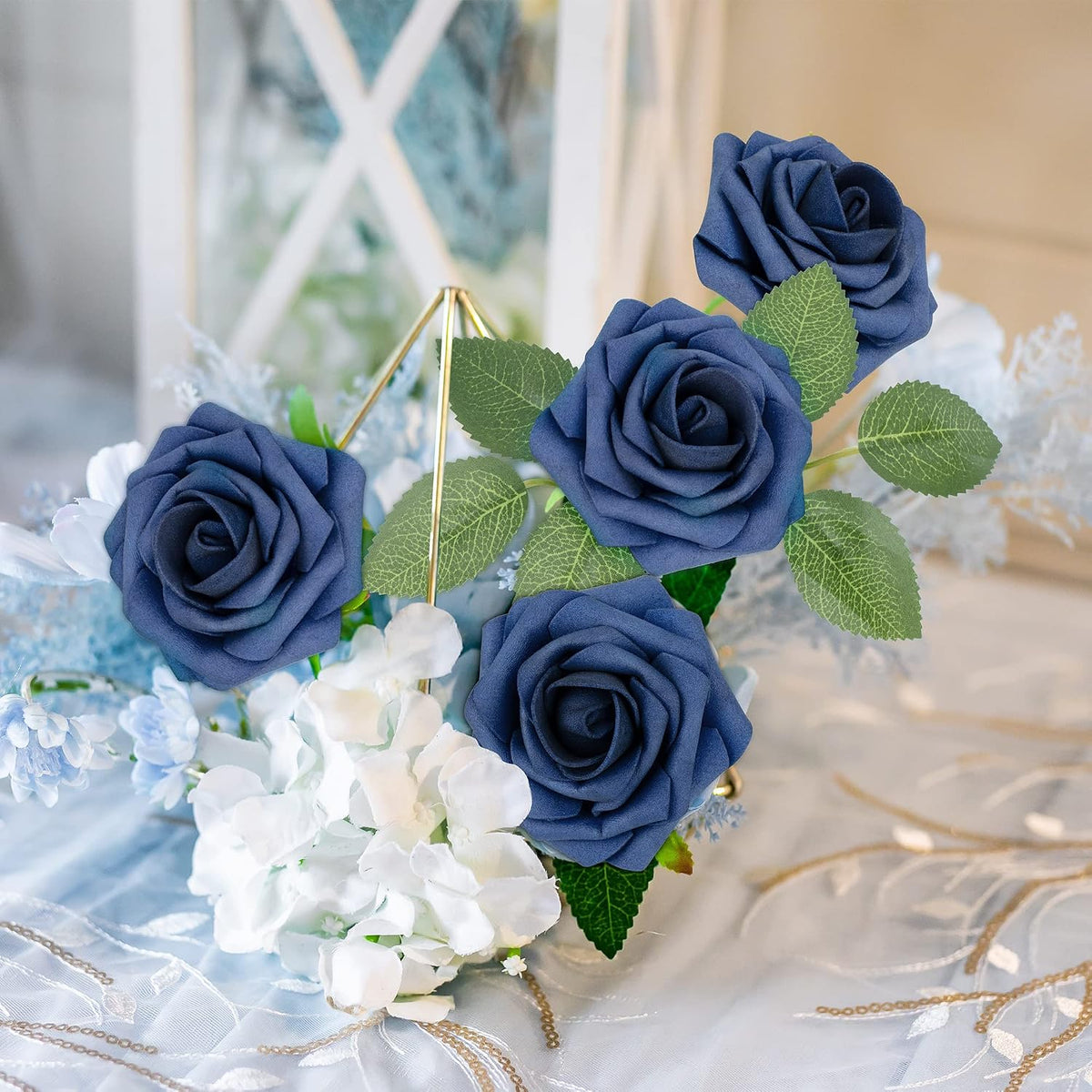 Mocoosy 50Pcs Roses Artificial Flowers, Navy Blue Fake Roses for Decorations, Real Touch Foam Rose Bulk with Stems DIY Wedding Bouquet Bridal Shower Centerpieces Floral Arrangement Party Table Decor