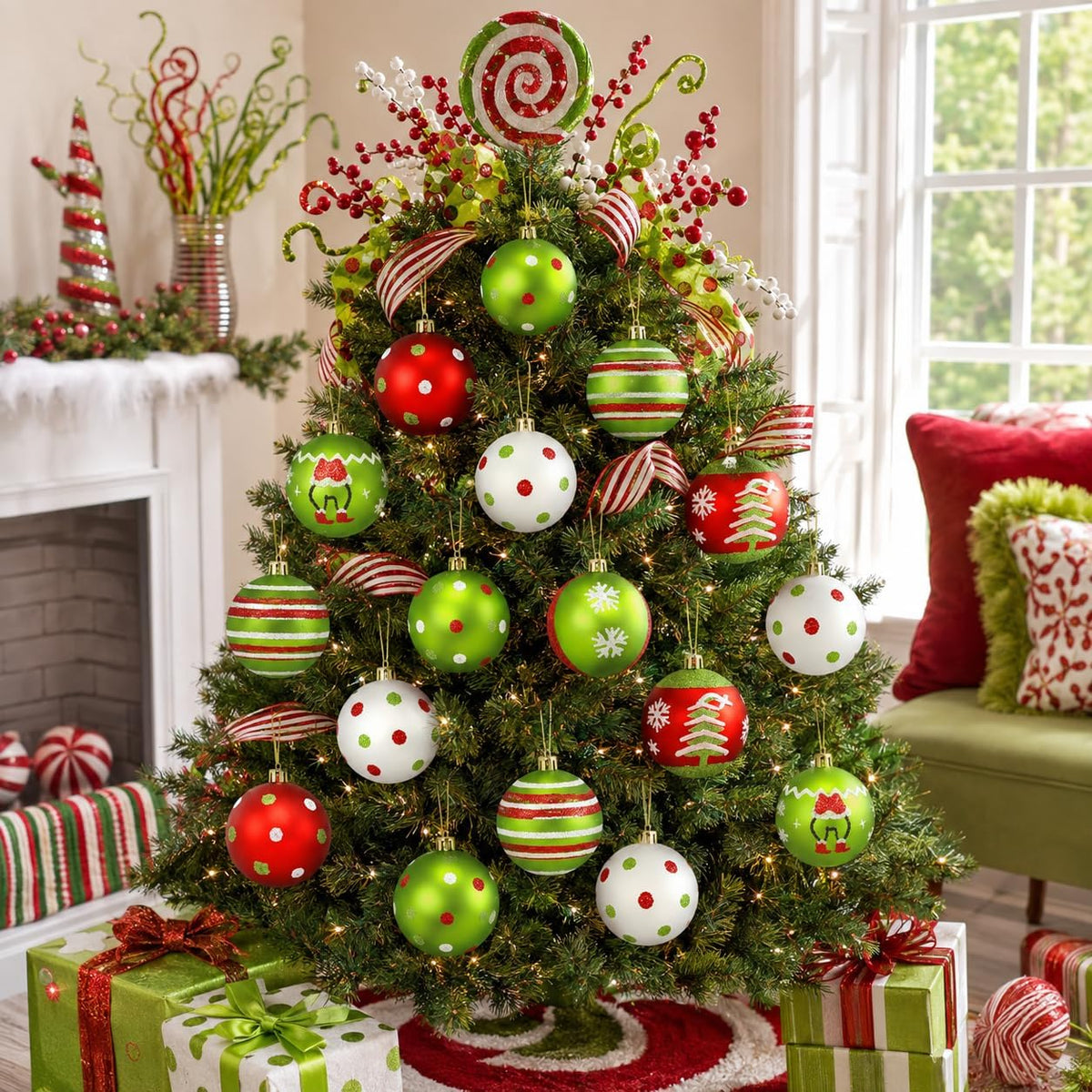 16 Christmas Tree Balls Ornaments Decoration 2.36'', Sparkly Red and Green