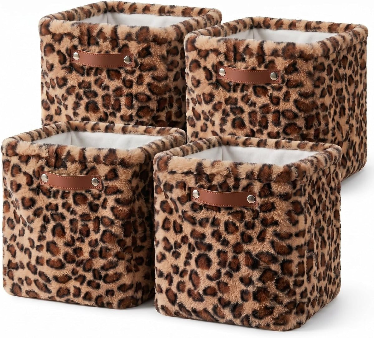 FoldTier 4 Pcs Brown Leopard Print Faux Fur Storage Cubes Bins 11"