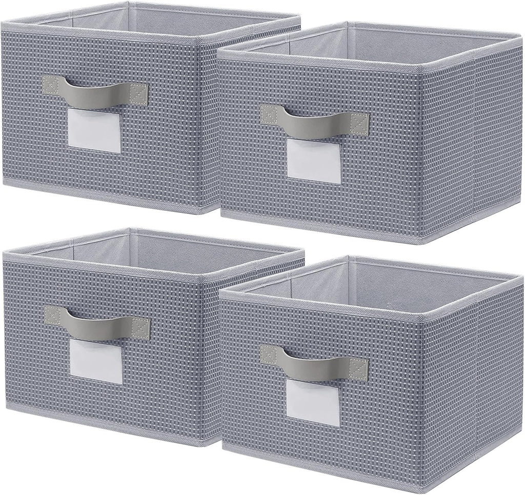 11 inch Woven Fabric Bins, Storage Baskets, Storage Cubes with Reinforced Handles, Organizer Bins for Closet Shelves, Foldable (4, Gray)