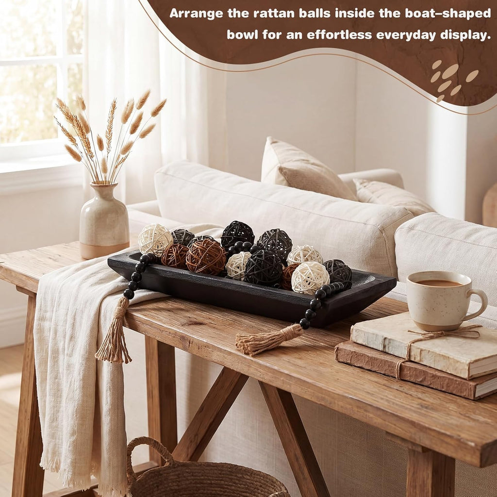 Mumufy Wooden Dough Bowls for Decor, Decorative Balls & Bead Strand, 14"