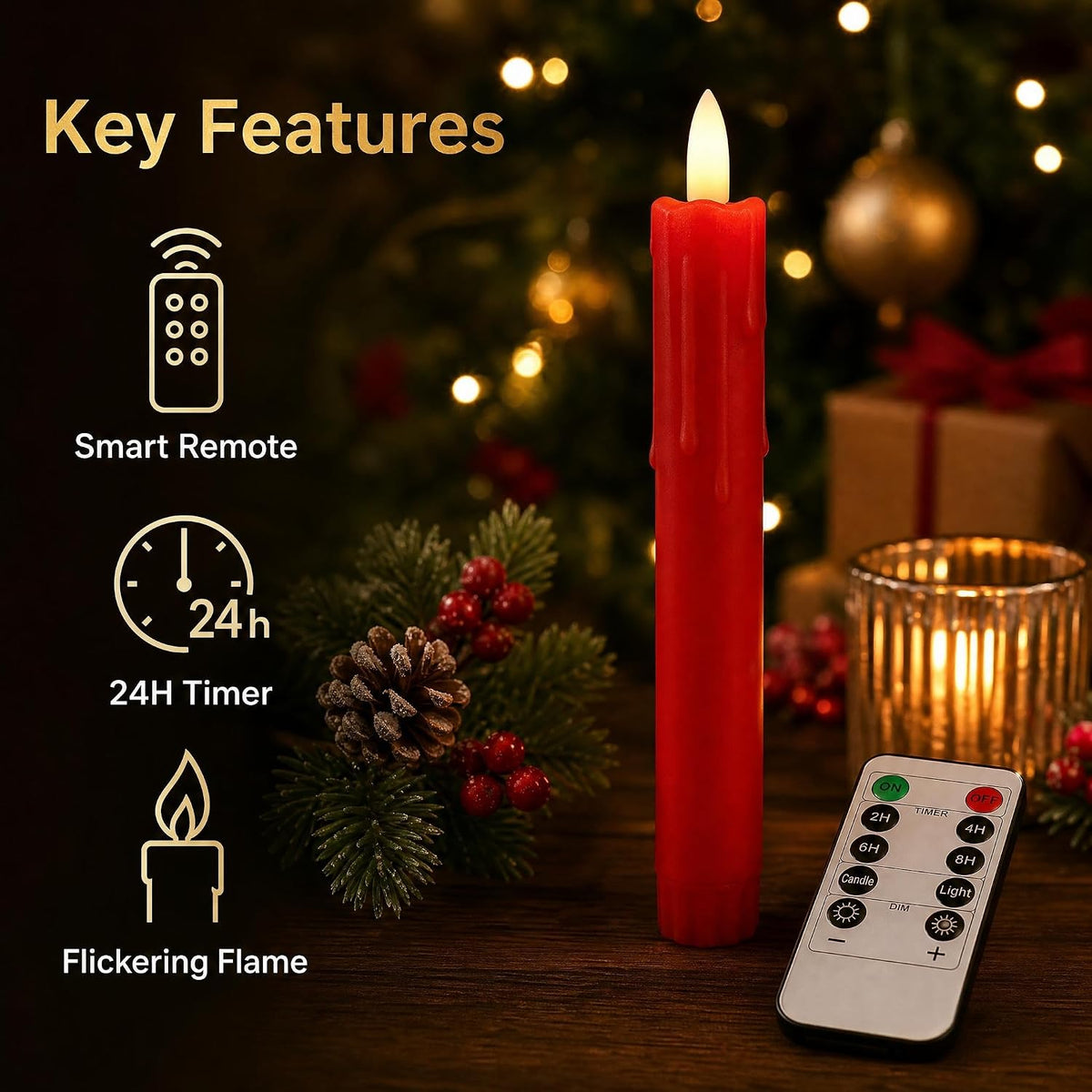 Red Flameless Flickering LED Taper Candles with Remote Timer