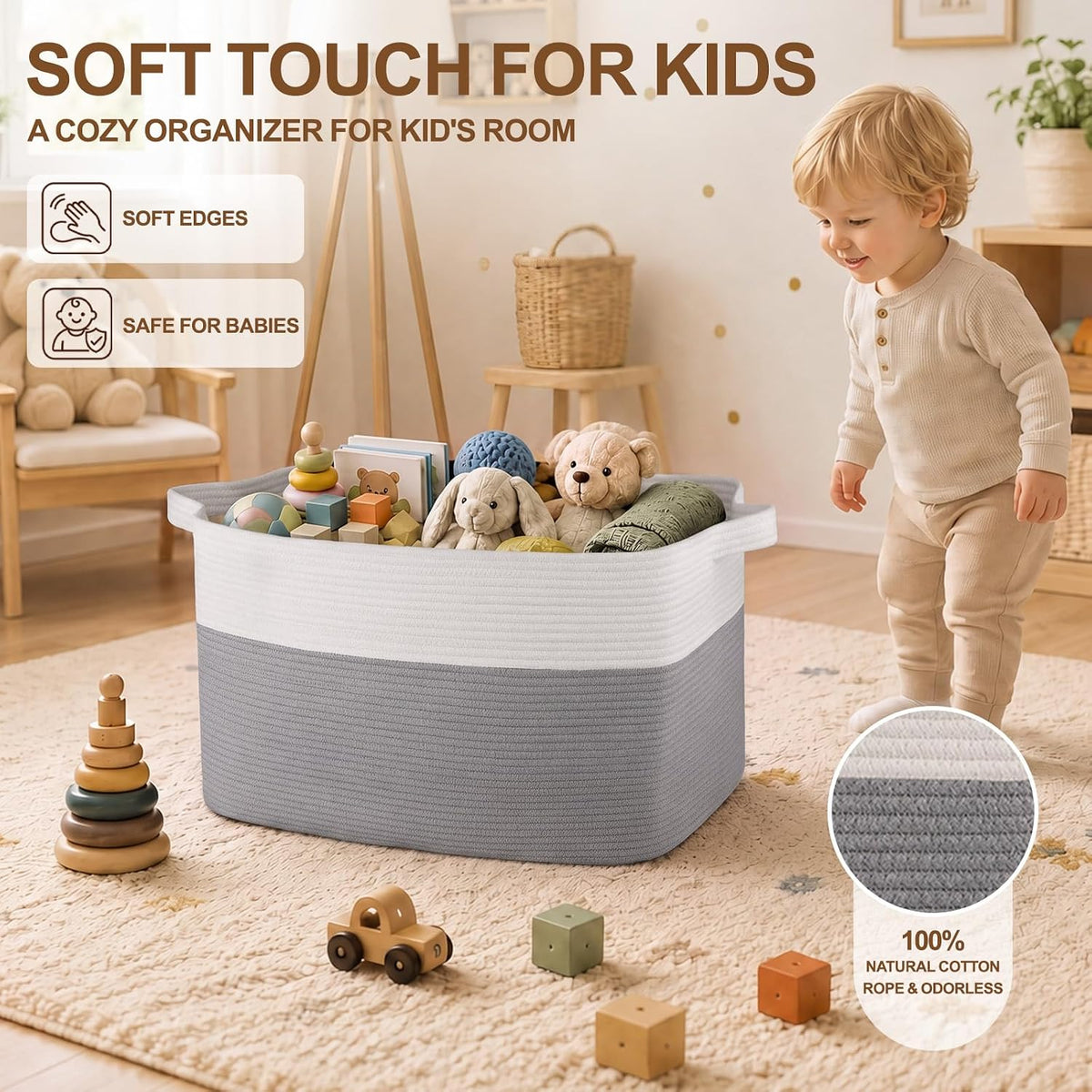 OIASKET Blanket Basket for Living Room, Cotton Rope Basket for Storage, Toy Baskets Bin for kids, Woven Baskets with Handles for Clothes, Towels, Pillows, 20" x 16" x 12", Grey and White