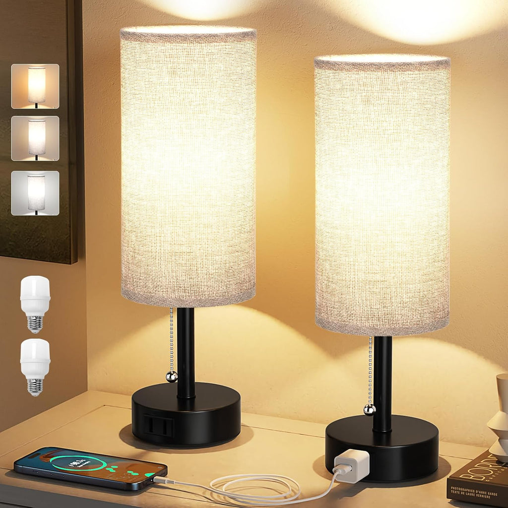 Grey Bedside Table Lamps Set of 2 - Bedroom Lamp for Desk, AC Outlet