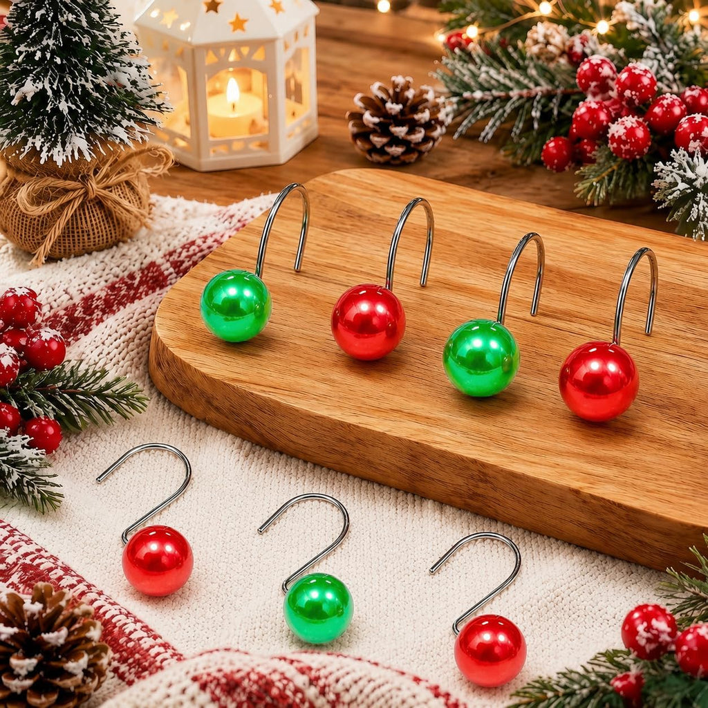 12 PCS Christmas Ball Shower Curtain Hooks Ball Ornament for Bathroom