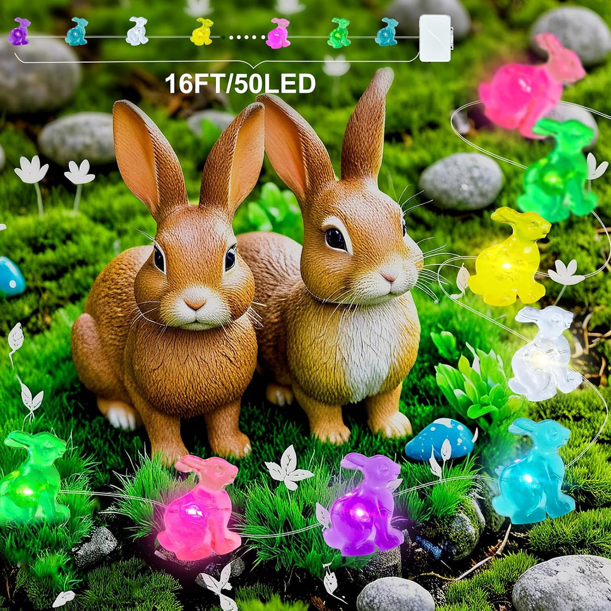 AIKEI Easter Decorative String Lights 2 Pack, 16FT 50LED Colorful Bunny Fairy Lights Battery Operated, Waterproof Rabbit Shaped String Light for Home Indoor Outdoor Spring Easter Party Decoration