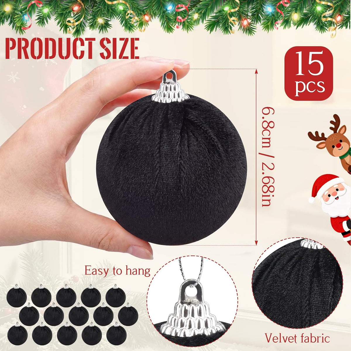 Woration 15 Pcs Christmas Hanging Ball Ornaments Black Velvet Balls - 2.36"