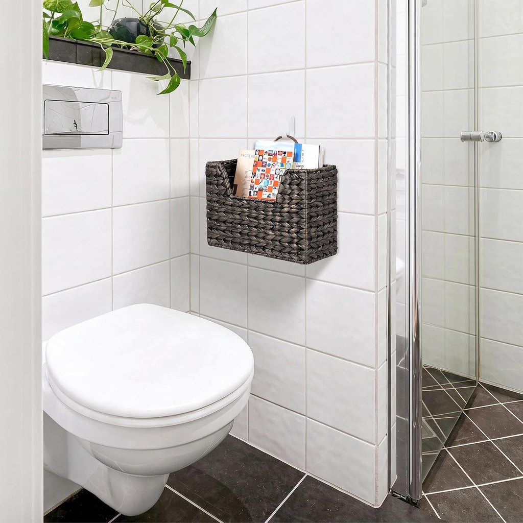 Handwoven Water Hyacinth Wall Magazine Holder - Natural Hanging Organizer for Mail, Newspapers & Magazines, Books & Files - Decorative Storage Basket for Bathroom, Living Room, Office.(Espresso Color)