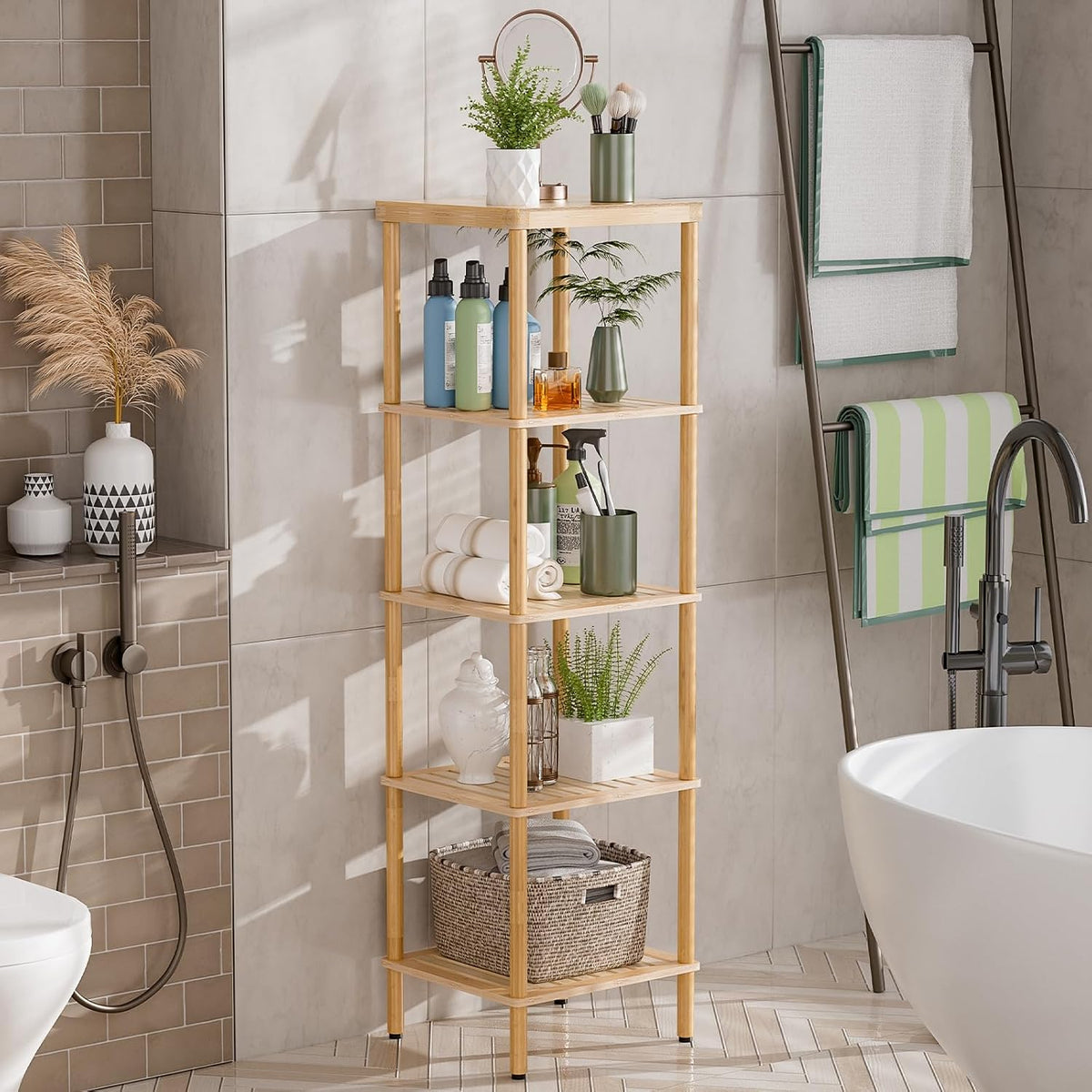 AmazerBath 5-Tier Bamboo Bathroom Shelf, Bathroom Standing Shelves, Multifunctional Shelving Unit for Living Room Bedroom Kitchen, Natural Color