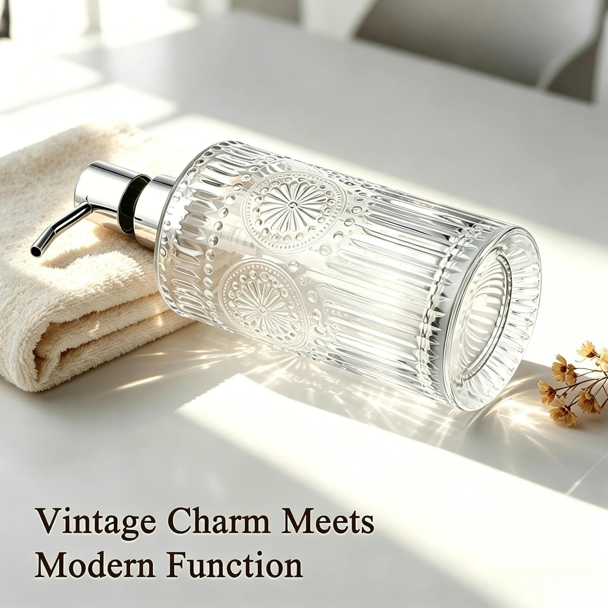Vintage Glass Soap Dispenser, 16 fl oz Refillable Liquid Hand Soap Bottle with Pump, Sunflower Embossed Dish Soap Dispenser for Bathroom, Kitchen, Shower (Clear)