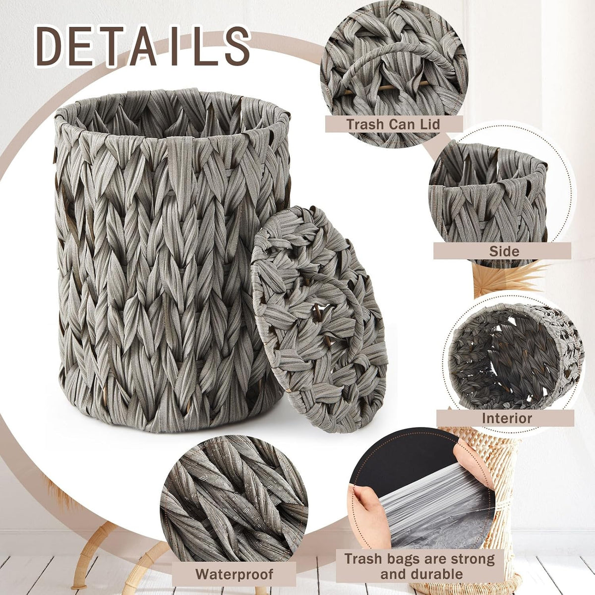 Ctosree 1.3 Gal Boho Wicker Trash Can with Lid, Grey