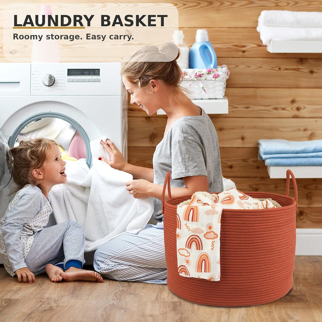 XUANGUO 66L Large Blanket Basket, Round Cotton Rope Basket, Rustic