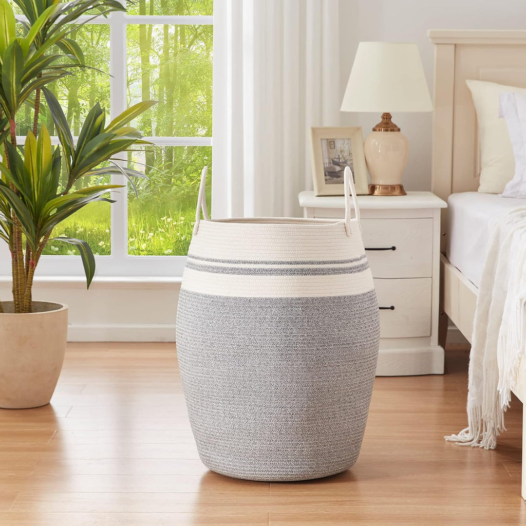OIAHOMY 105L Laundry Hamper Cotton Rope Large Clothes Hamper White & Grey