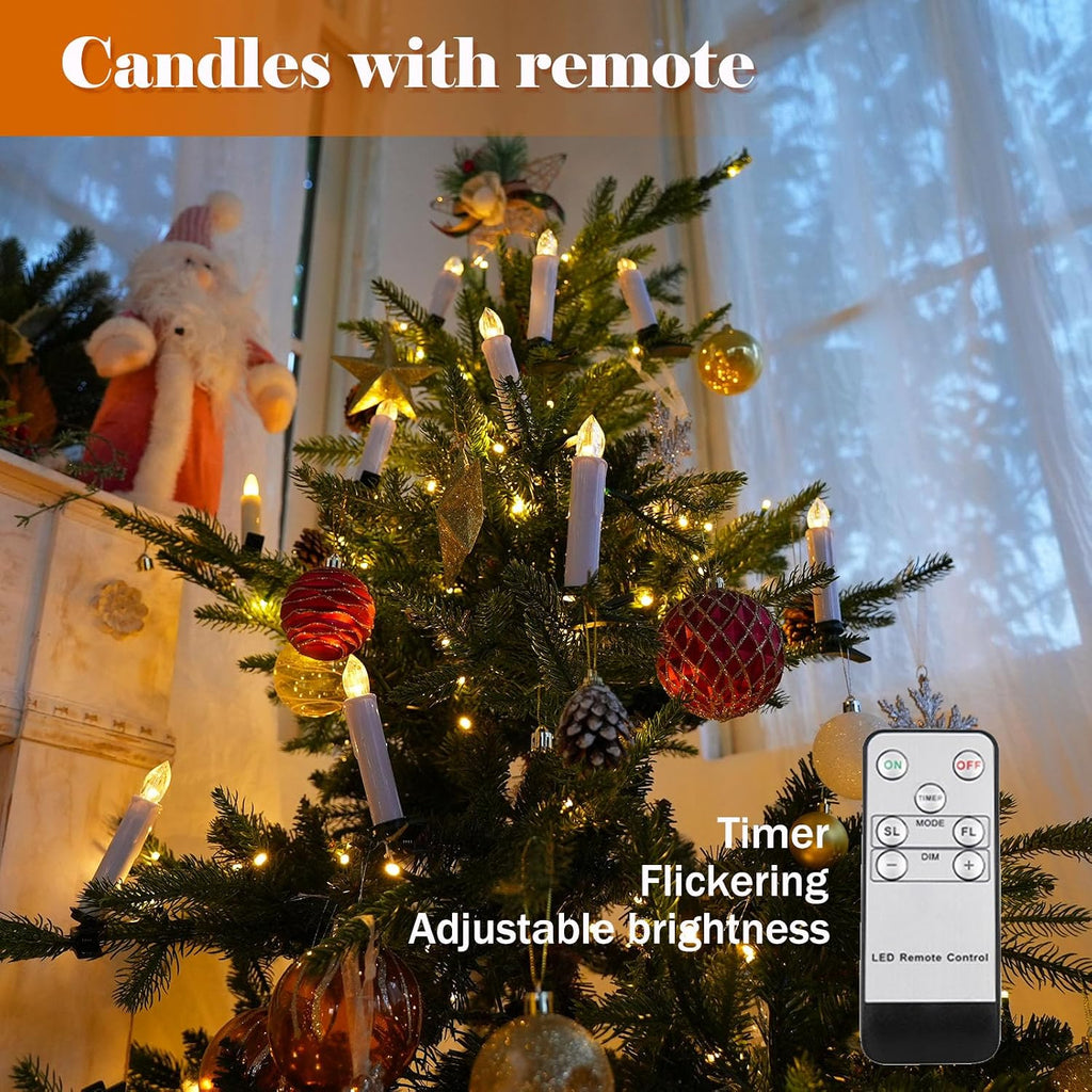 FPOO 30 pcs Christmas Tree Candles with Clips, 4''Taper Candle Stick with Remote Timer and dimmable, Waterproof White Flameless Mini Window Candle Battery Operated for Trees Wreath