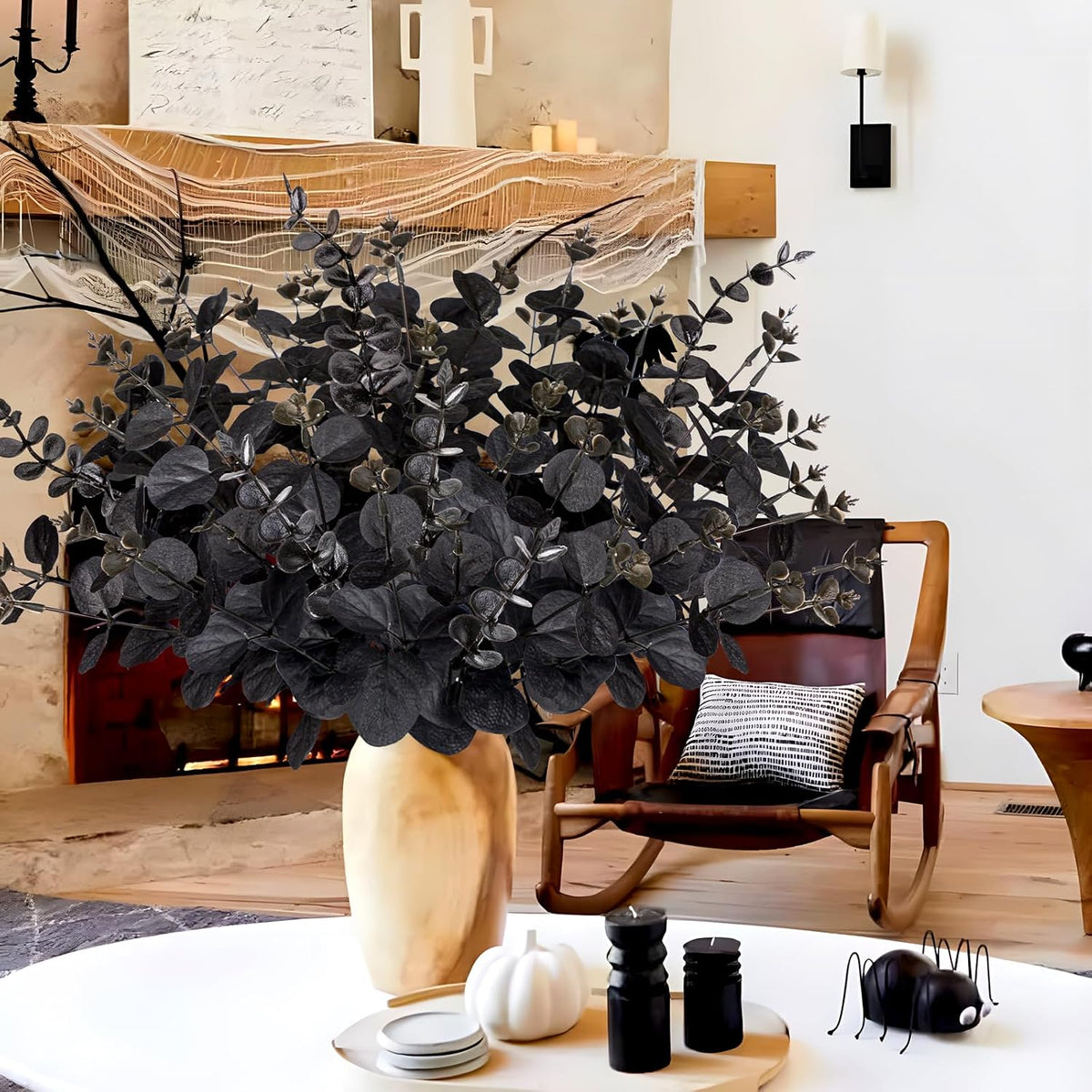 Yen Jean 20PCS Black Halloween Decor Artificial Flowers Bulk - Eucalyptus Stems Branches Decorations for Table Indoor Centerpieces Party Supplies