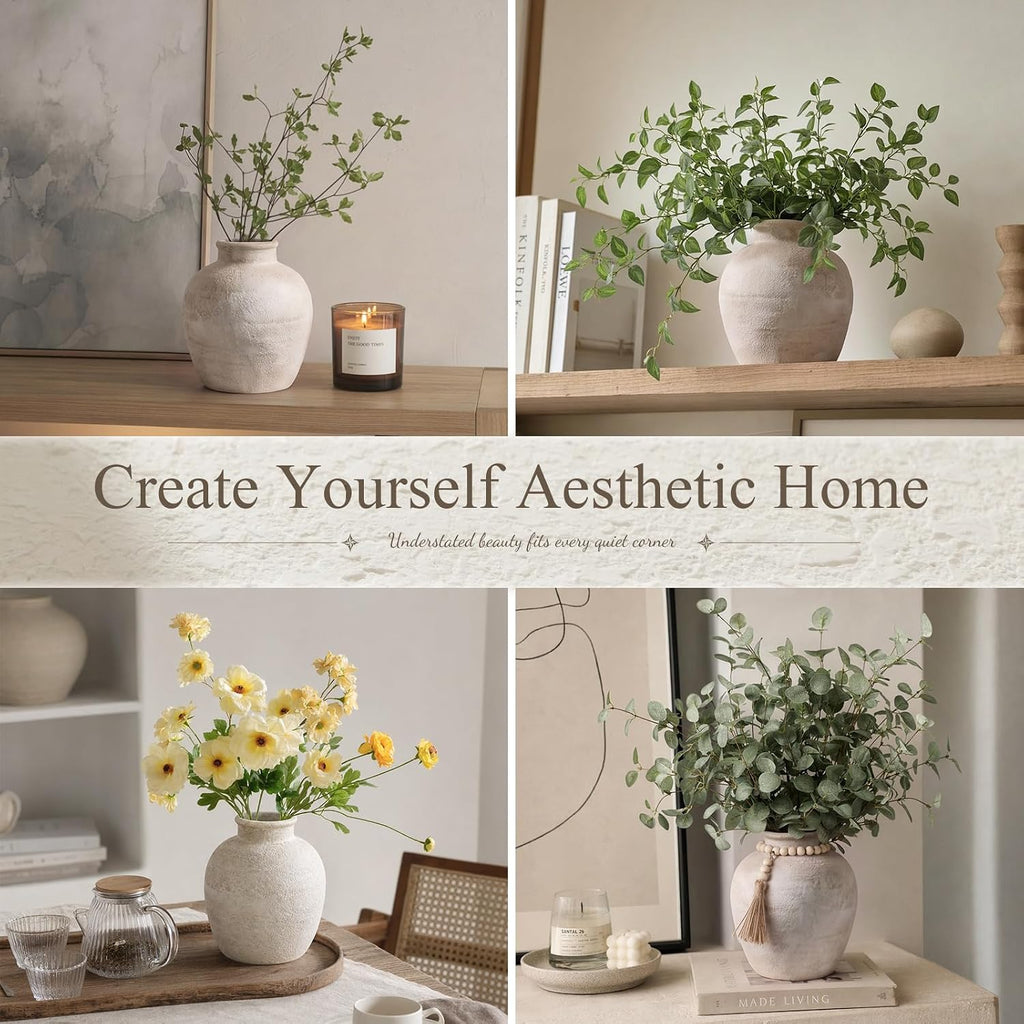 DomeStar Small Ceramic Flower Vase, 6.7 Inch Wabi-Sabi Stone Texture, Beige
