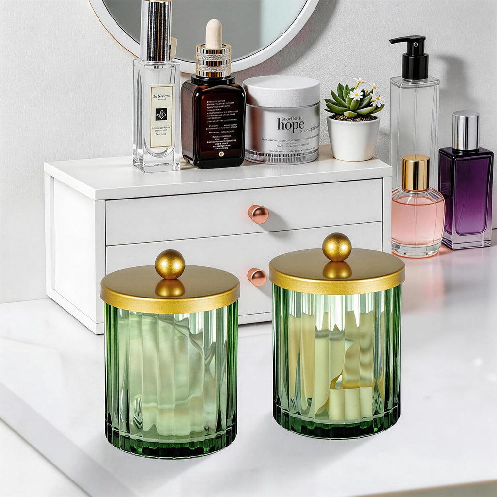 Amolliar Green Glass Qtip Holder Dispenser, Bathroom Canister, Gold 2 Pack