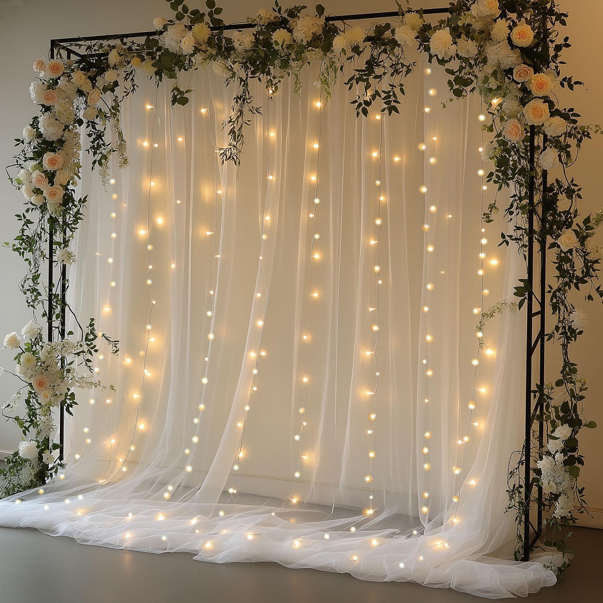 White Tulle Backdrop Curtain with Lights String 10x8ft Sheer Drapes for Wedding, Birthday, Baby Shower, Bridal Shower, Photo Booth, Party, Home Decor (2 Panels, White)