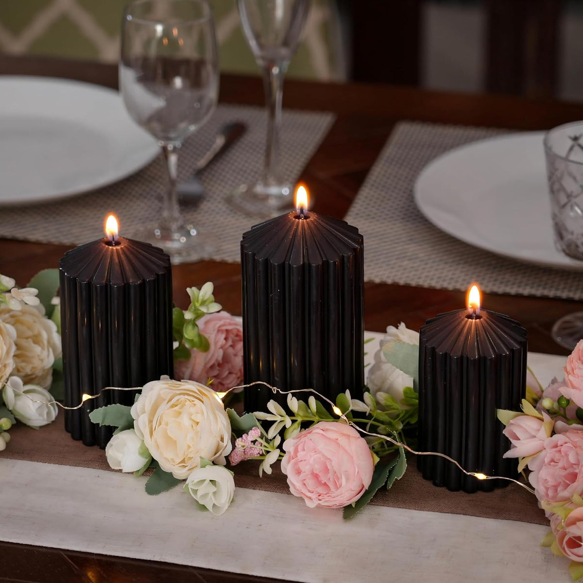 Black Ribbed Pillar Candles Set of 3, Halloween Candles Decor Unscented