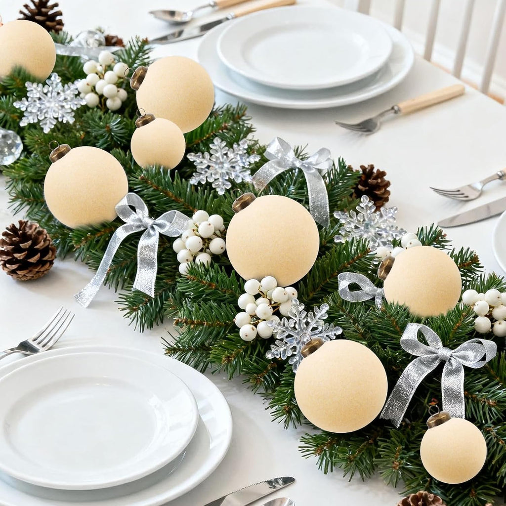 Beige Velvet Ornaments for Christmas Tree, Cream Flocked Ornaments