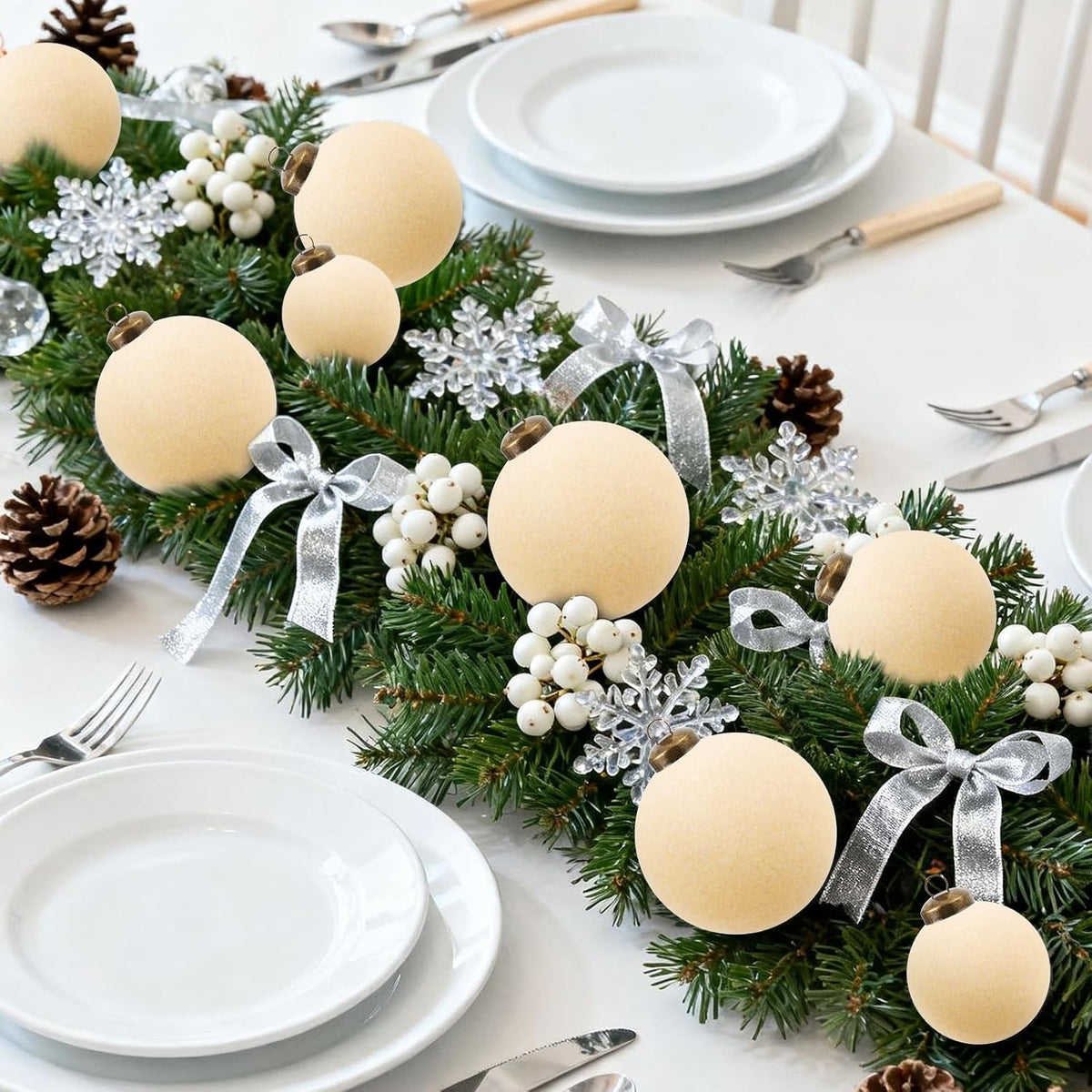 Beige Velvet Ornaments for Christmas Tree, Cream Flocked Ornaments