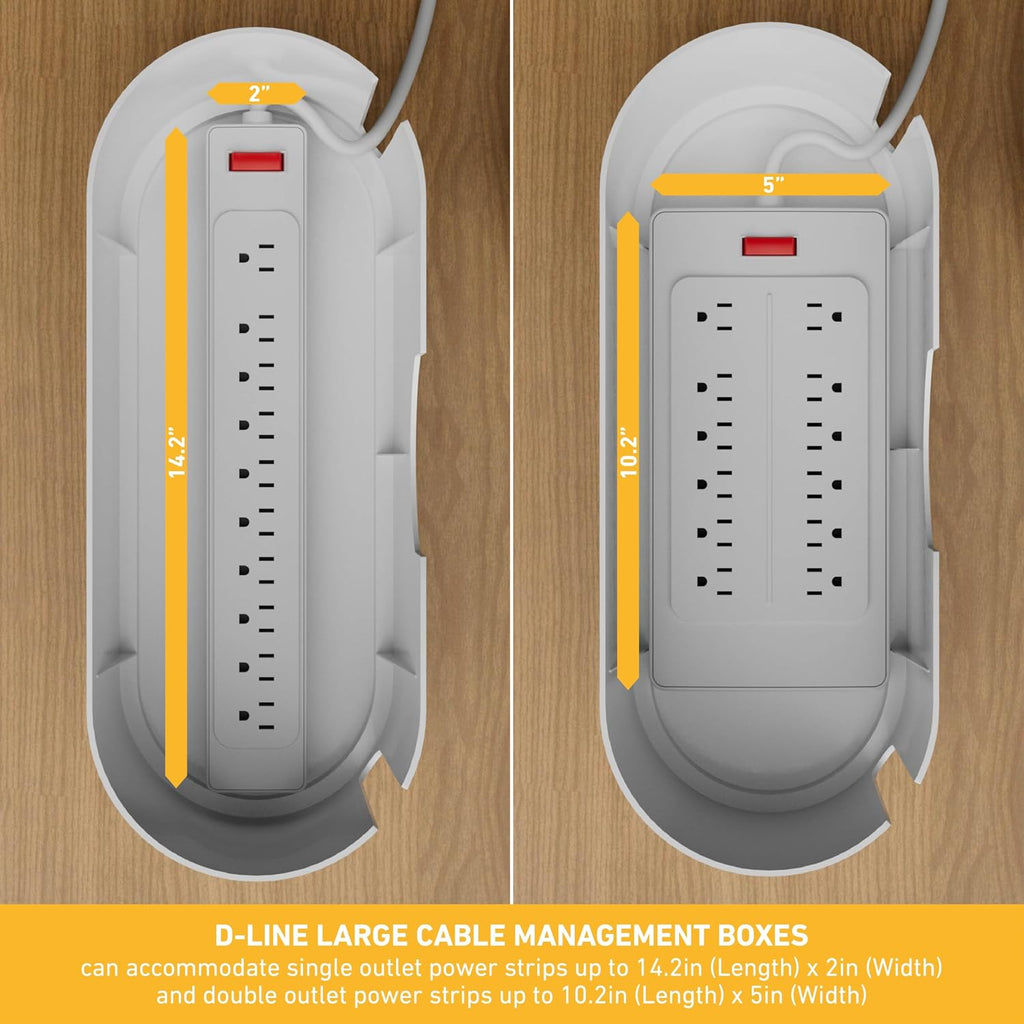 D-Line Cable Management Box, Power Strip Holder, Floor Outlet Hiders, Desk Cord Organizer, Cover TV Wires, Wire Storage – 16.5 in (Length) x 6.5in (Width) x 5.25in (Height) - Large, White