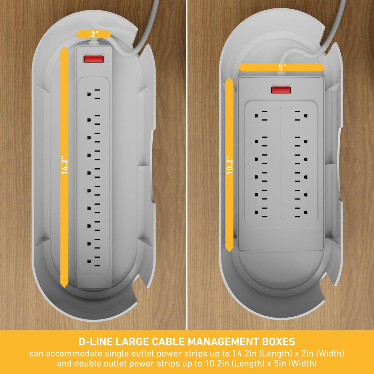 D-Line Cable Management Box, Power Strip Holder, Floor Outlet Hiders, Desk Cord Organizer, Cover TV Wires, Wire Storage, Extension Hider, Office Concealer for Cords - Large, Wood-Effect Lid