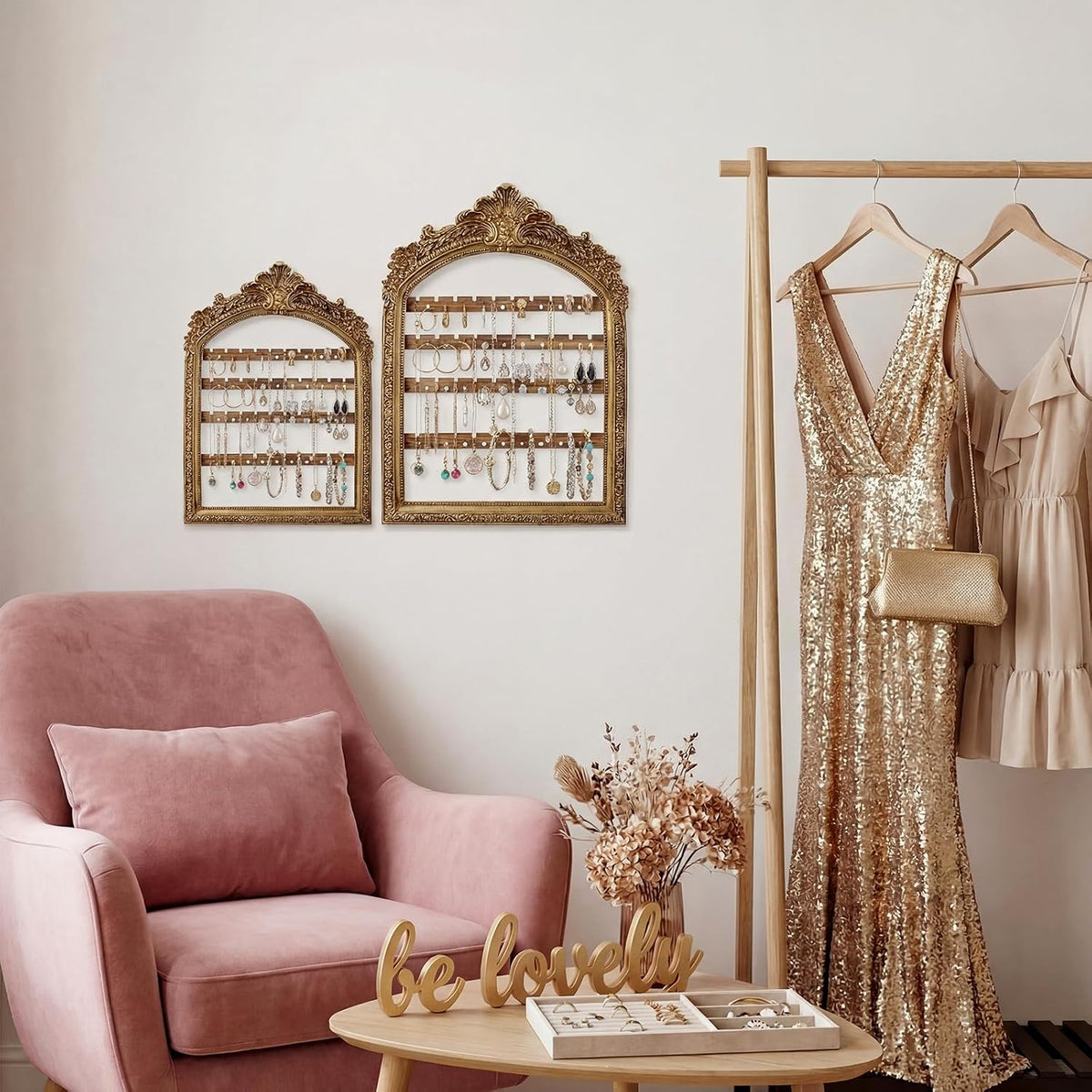 2 Pcs Gold Wall Hanging Earring Holder Frame Jewelry Organizer