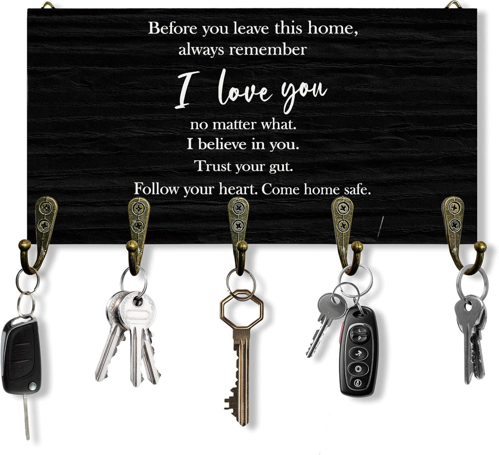I Love You Sign Key Holder for Wall 10"x5.12", Couple Home Key Hanger Wall Mount, Before You Leave This Home Sign Love Wooden Hanging Keys Holder Decor for Entryway Front Door（5 Hooks）