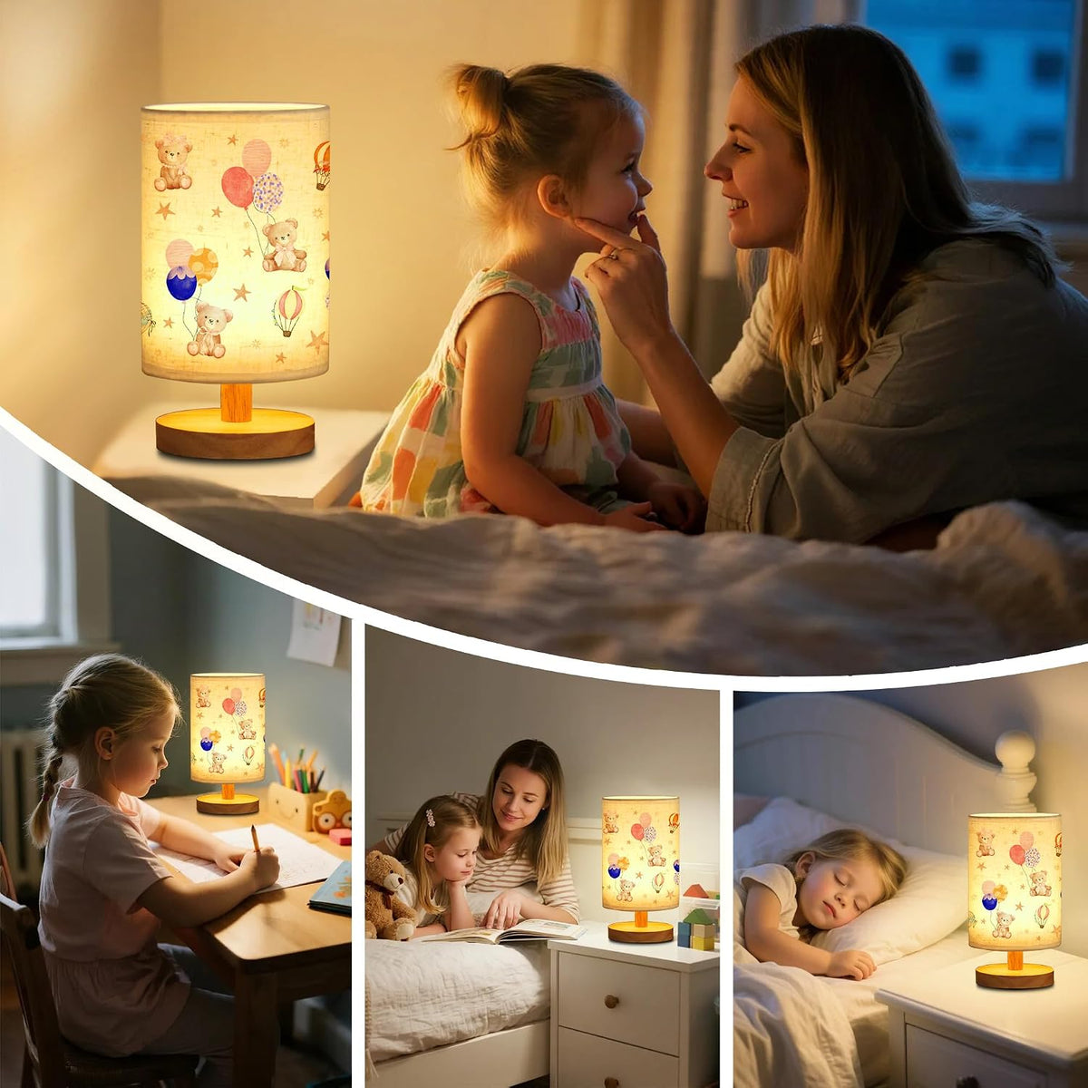 WSYEAR Bear Kids Table Lamp for Bedroom Kids Bedside Lamp with Linen Wooden Nightstand Cartoon Nursery Lampshade for Girls Boys Living Room