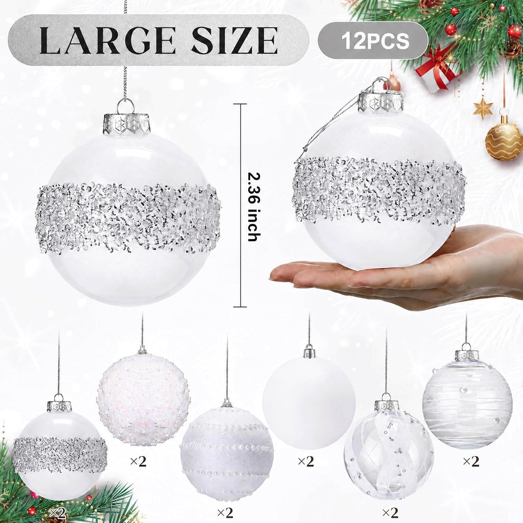 Lyrow 12 Pcs Christmas Balls Ornaments, White, 2.36''