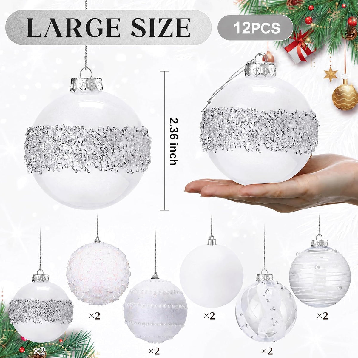 Lyrow 12 Pcs Christmas Balls Ornaments, White, 2.36''