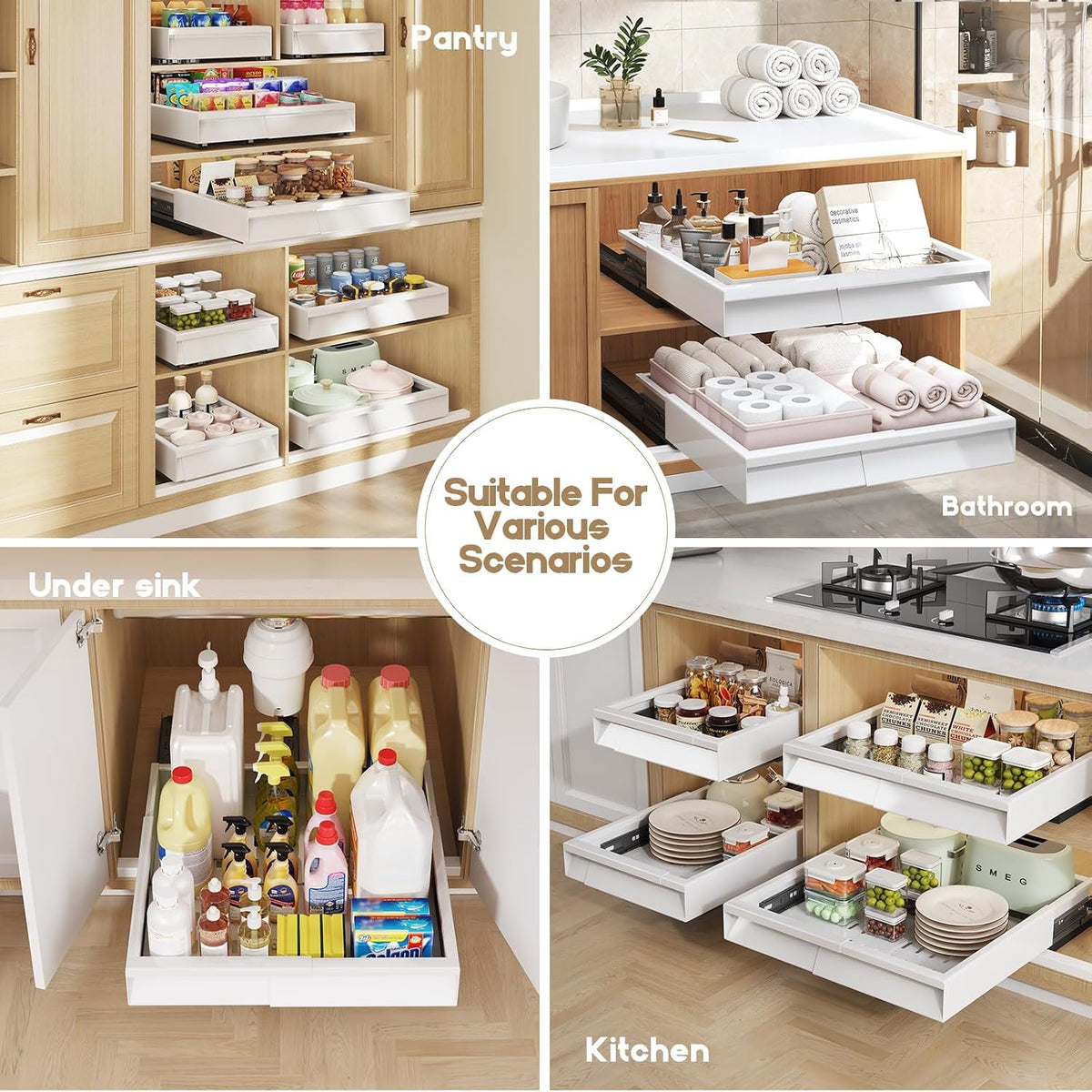 Seinloes Pull Out Cabinet Organizer, 4-Side Expandable to Fit Most Cabinets, 3 Rail Slide Out Drawers with Raising Pad for Framed & Frameless Cabinets, 11"-16" W x 13"-17" D, White, 2 Pack