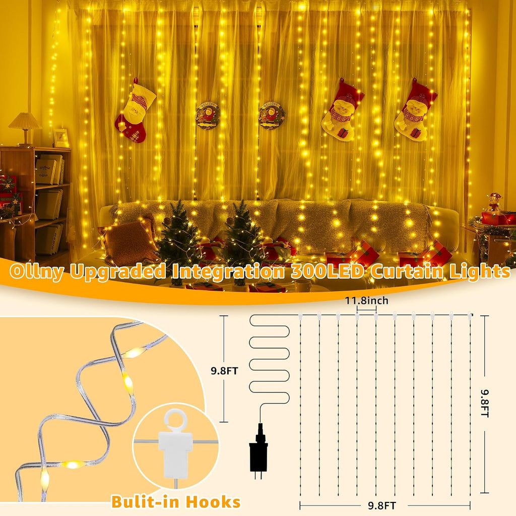 Ollny Curtain Lights 300LED 9.8ftx9.8ft, Connectable IP67 (Warm White)