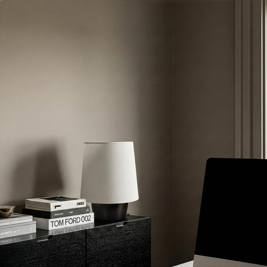 Brightech Dan LED Desk and Table Lamp - Modern Mushroom Style Ceramic Lamp for Bedroom, Bedside, Desk, Office - Cozy Corner Nightstand Light with Small Lamp Shade - Tiny Lamp with Black Ceramic Base
