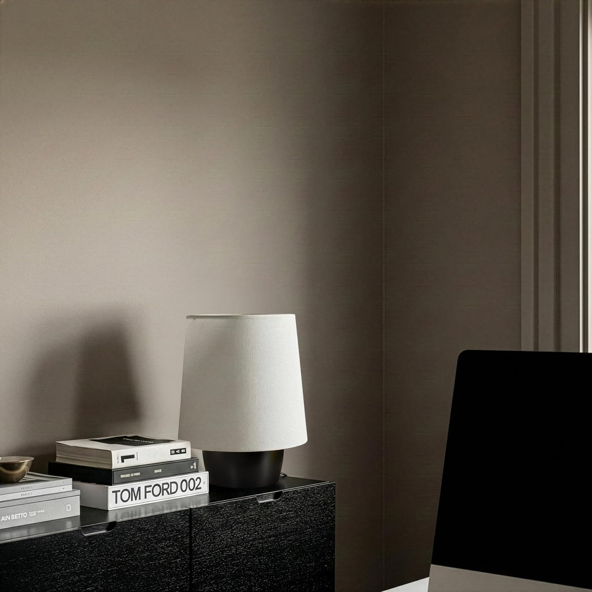 Brightech Dan LED Desk and Table Lamp - Modern Mushroom Style Ceramic Lamp for Bedroom, Bedside, Desk, Office - Cozy Corner Nightstand Light with Small Lamp Shade - Tiny Lamp with Black Ceramic Base