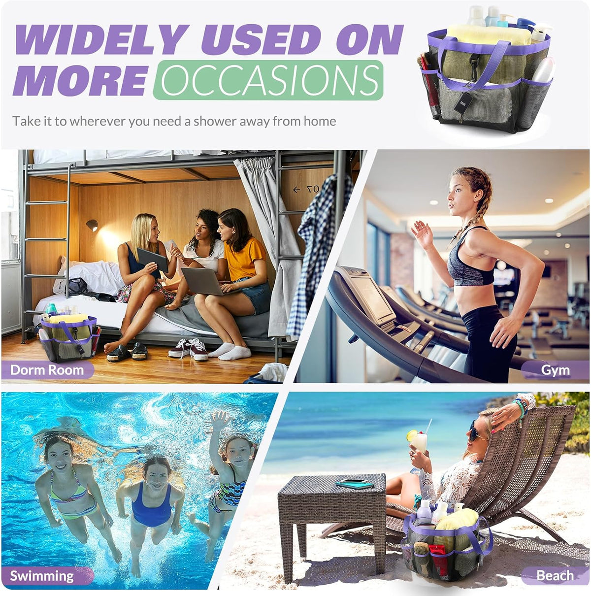 LOYEE Mesh Shower Caddy Portable for College Dorm Room Essentials with 8 Pockets, Shower Bag for Beach, Swimming, Gym, Travel, Bathroom(Purple)