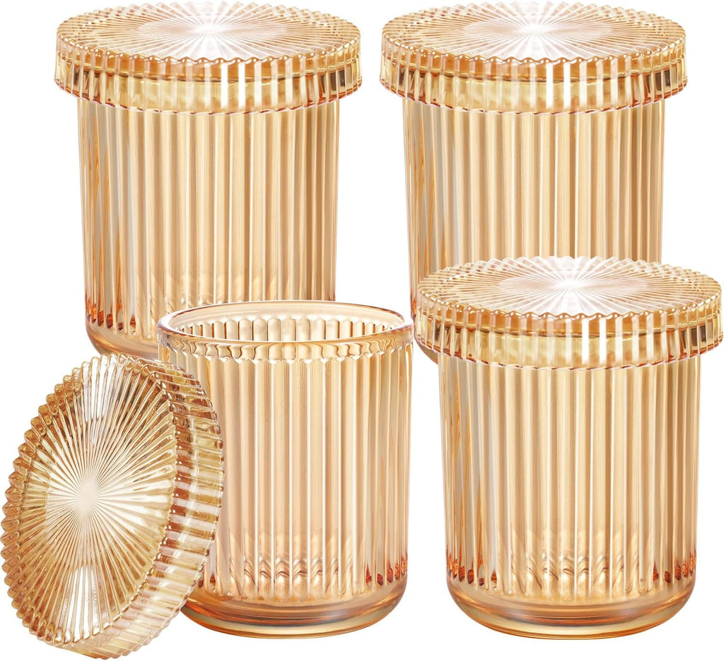 SheeChung 4 Pack Glass Qtip Holder Dispenser, Amber Apothecary Jars