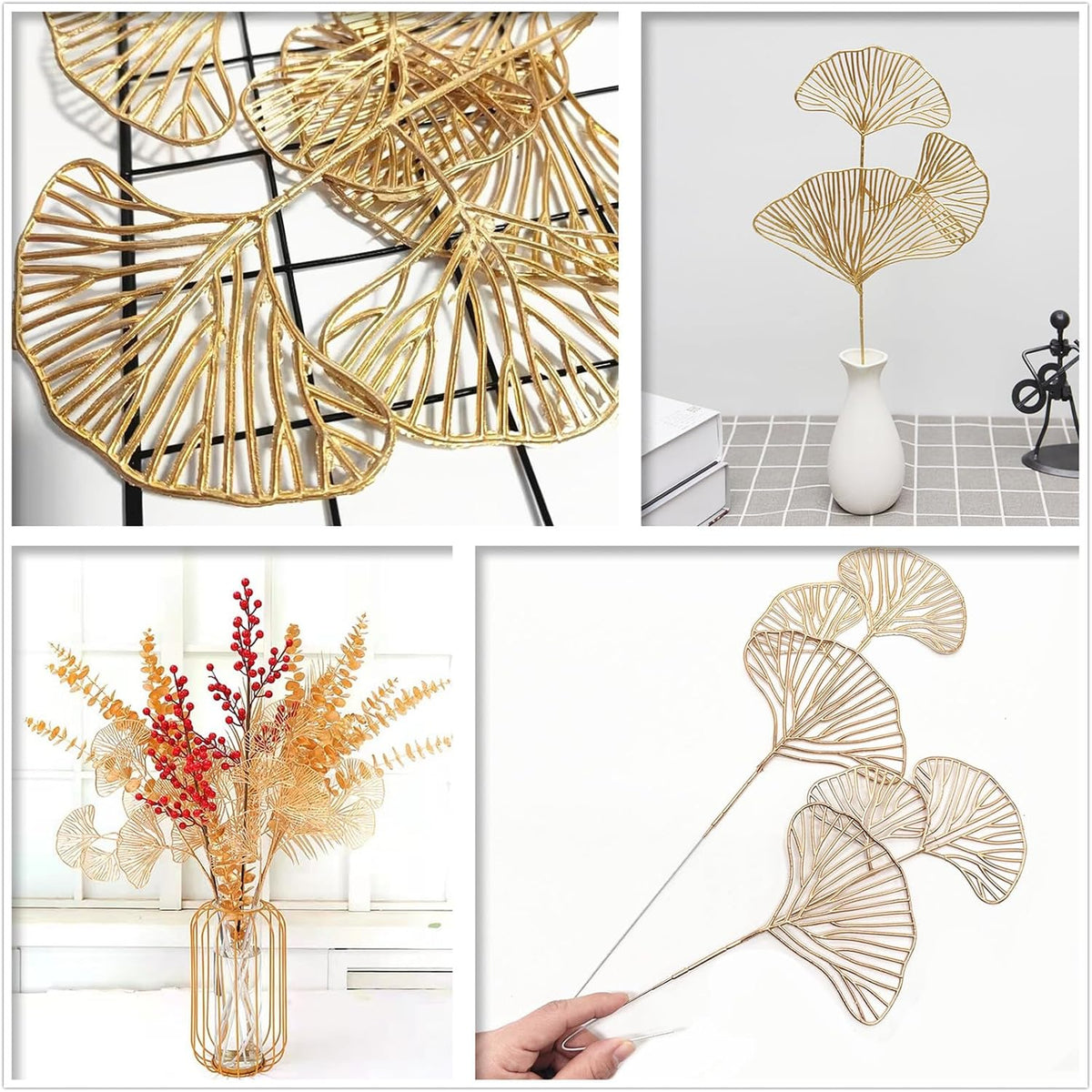 Fake Gold Ginkgo Leaves Stems 14 Inch 12 Pack, Artificial Golden Apricot Leaves Faux Apricot Leaf Stem Glitter Picks Bushes Faux Plants Decor Simulation Plant for Indoor Home Wedding Party Decoration