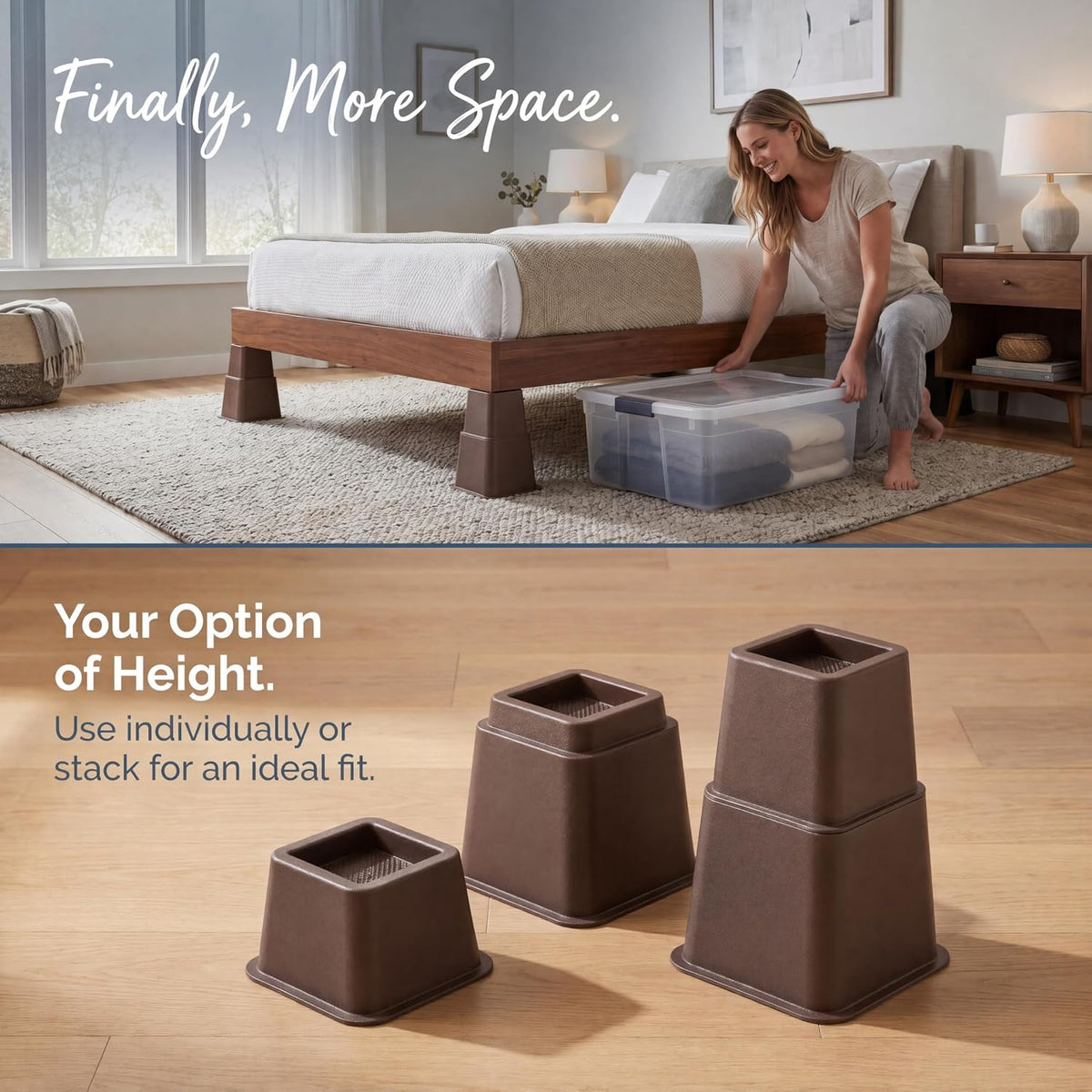 Bed Risers 8-Pack - Stackable Furniture Lifts for 3, 5 or 8 Inch Adjustable Height, 2200 Lbs Capacity Brown Square Sofa and Desk Elevators for Under Bed Storage